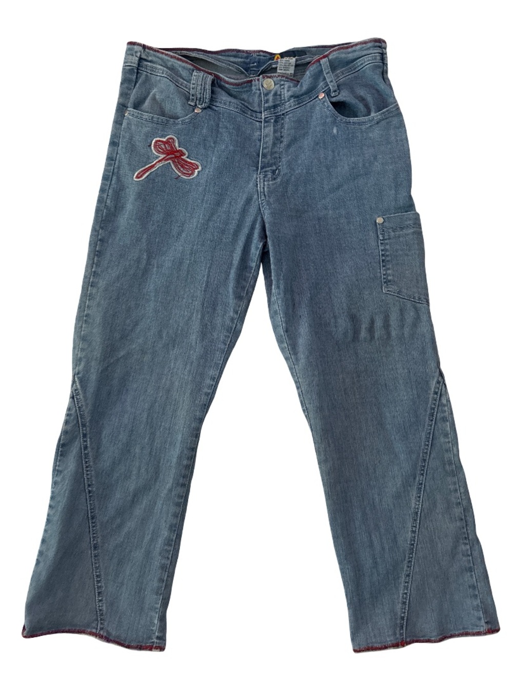 Women's Blue Flare Jeans with Red Dragonfly Patch